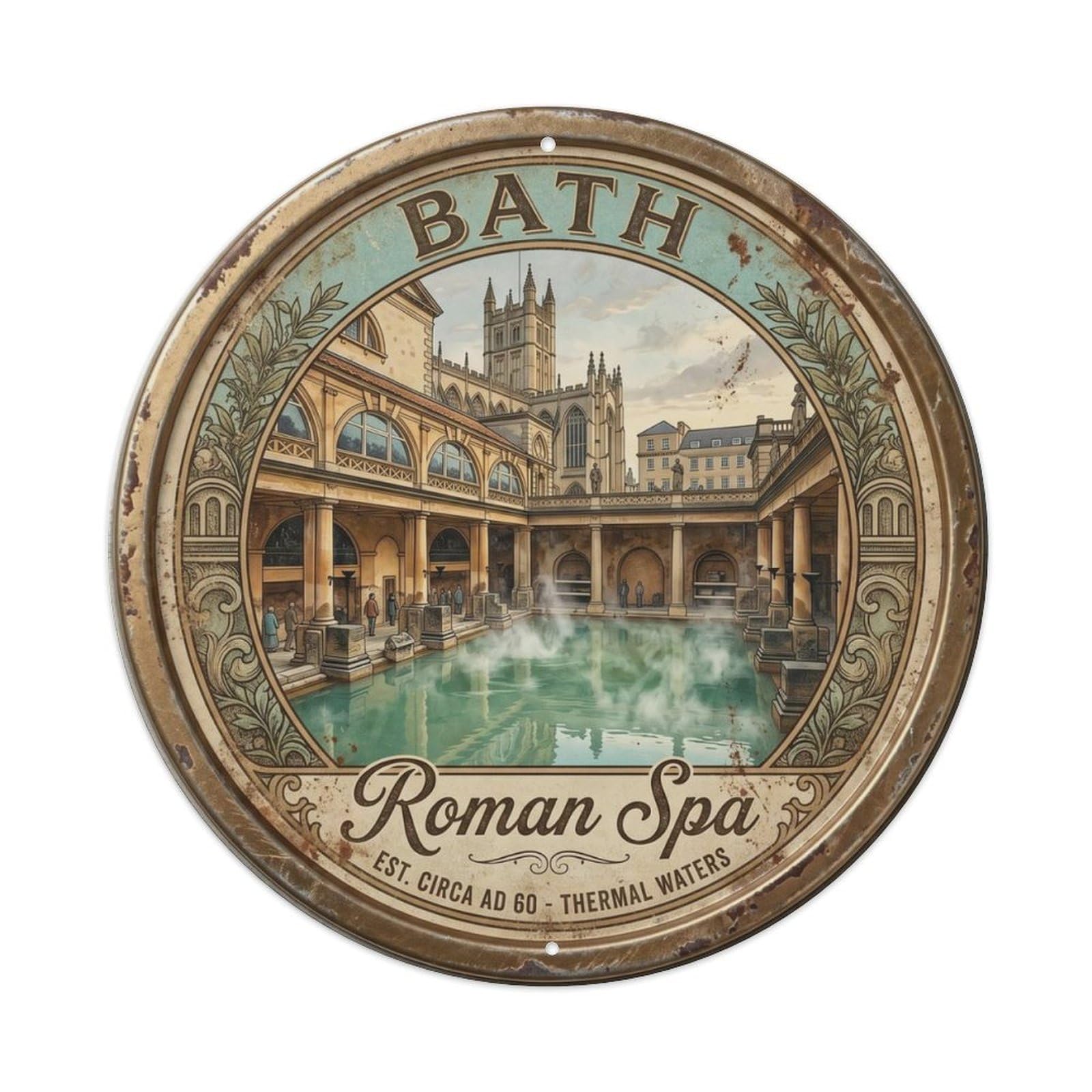 Vintage Travel Bath Roman Baths Metal Tin Sign Plaque Wall Decor for Cafe, Club, Garden Round Metal Poster 8x8Inch