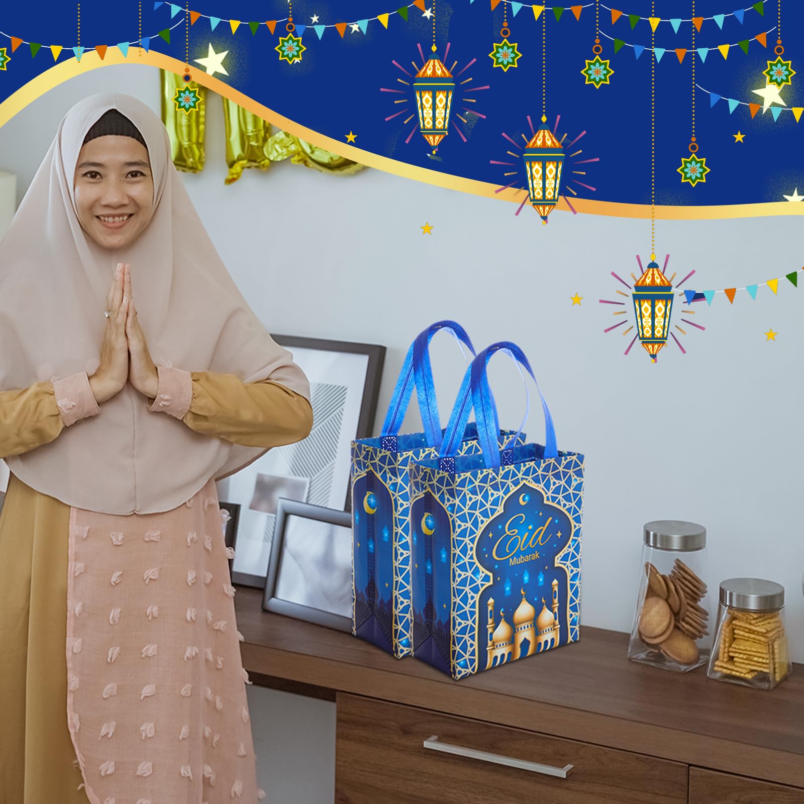 Eid Gift Bag with Handles Reusable Mubarak Treat Bag Non Woven Tote Bags for Ramadan Eid