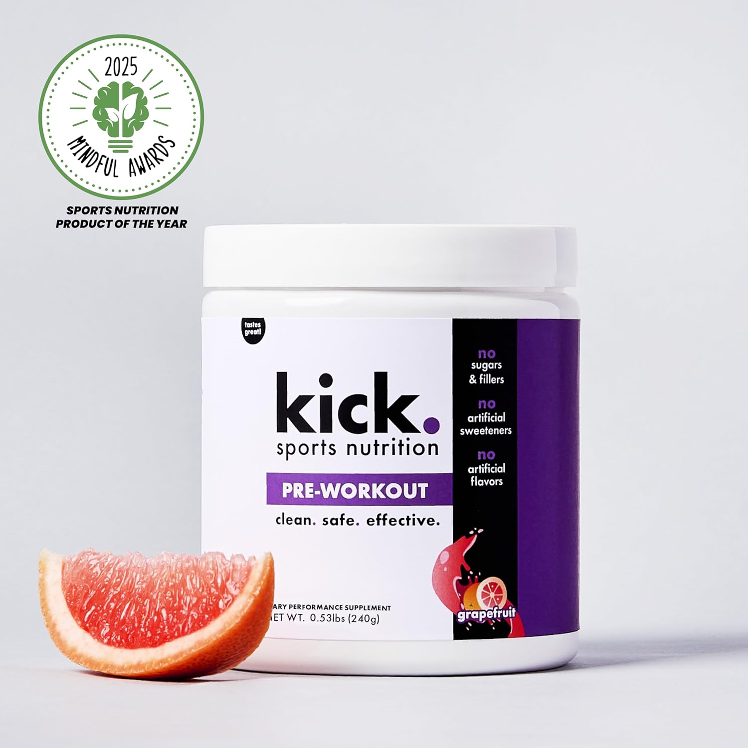 Kick Pre Workout Powder, Grapefruit Flavor, 30 Servings, L Theanine, Amino Acids, L Glutamine, and Caffeine to Support Energy & Fitness Performance, No Sugar, No Artificial Sweeteners or Flavors - Image 4