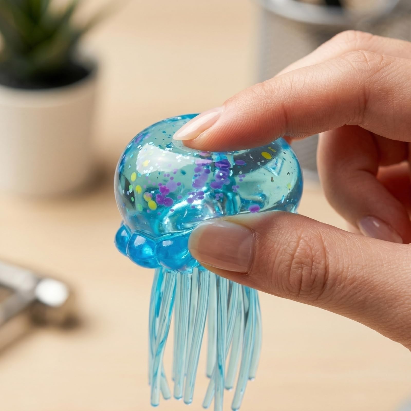 Nee doh Glitter Jellyfish Squishy Toy, Stress Relief Fidget Toy for Adults, Soft TPR Sensory Toy with Wiggly Tentacles, Portable Anxiety Relief Squeeze Ball for Office, School & Travel (Blue) - 3