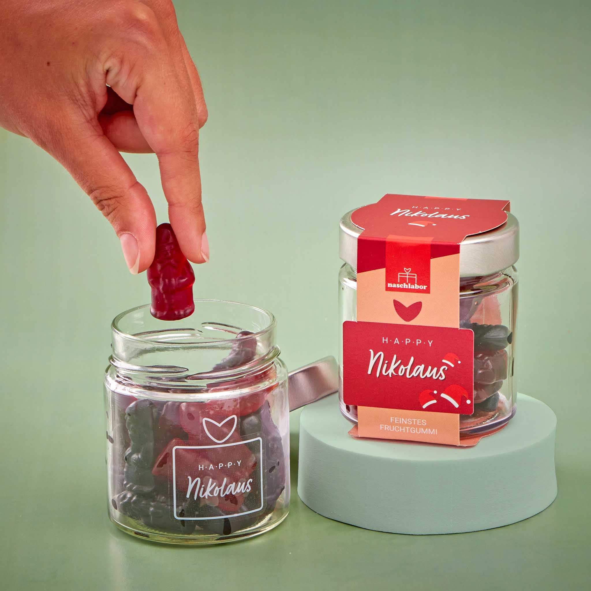 8 Stück Happy Nikolaus Rundglas | Nikolausgeschenk Gummibärchen als Schokoladen-Ersatz | Süßes Geschenk für Weihnachten | Große-Verpackung