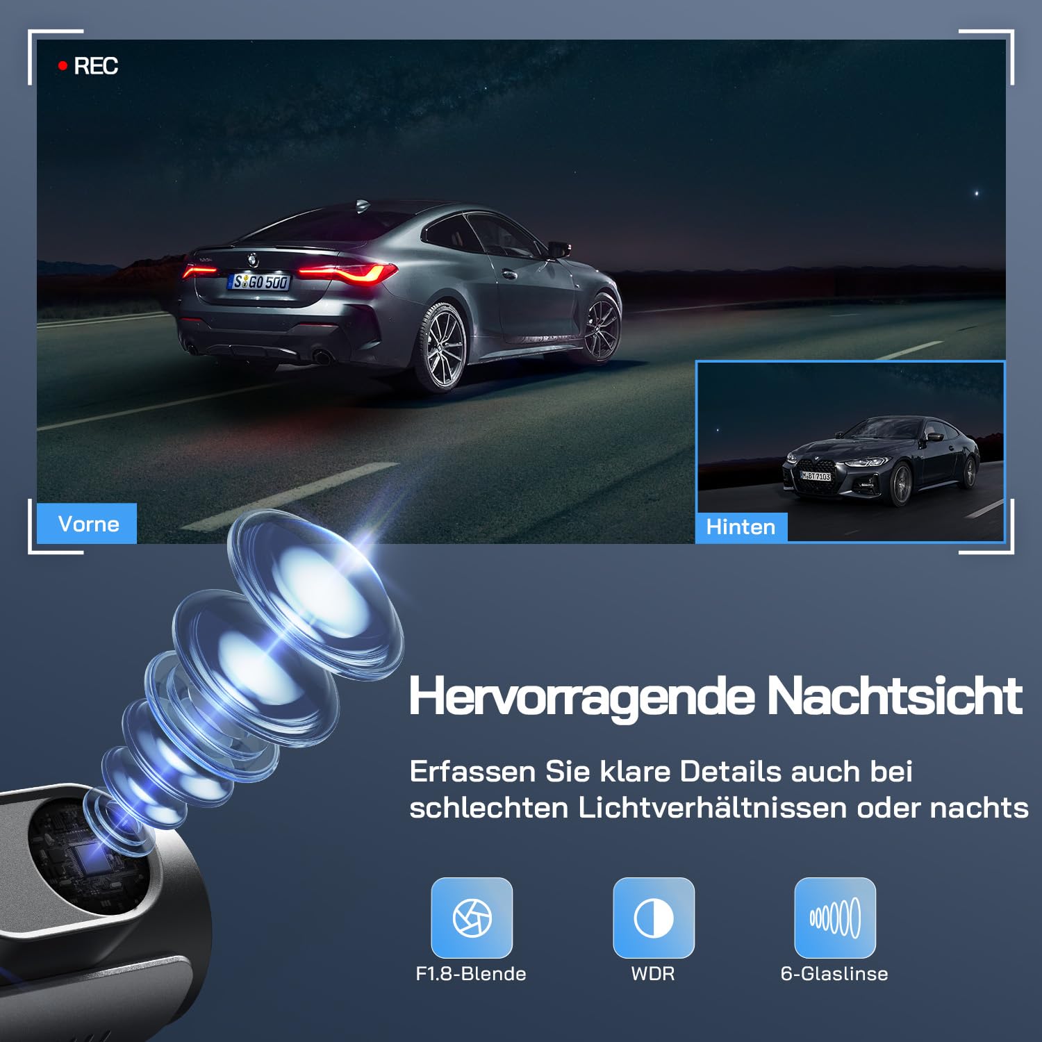 WOLFANG Dashcam 4K+1080P Wi-Fi Dual Auto Kamera Ultra-Nachtsicht 70° Weitwinkel WDR 24 Std. Parkmodus G-Sensor Loop-Aufnahme