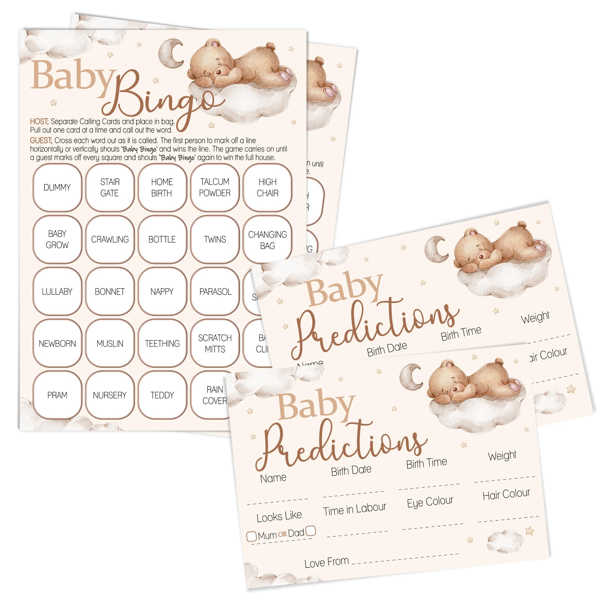 Pink Bee Parties Teddy Themed Games Twin Pack of Baby Bingo with Prediction Cards for 20 players, Cream