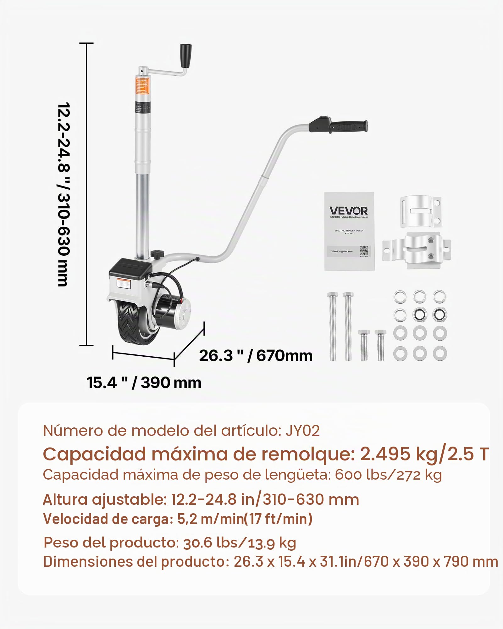VEVOR Plataforma Rodante Eléctrica, Capacidad de Remolque 2,5 T, Rueda Motorizada 380 W y 12 V con Velocidad 7 m/min, Altura de Sujeción Ajustable y Neumáticos de Goma, para Caravanas y Barcos