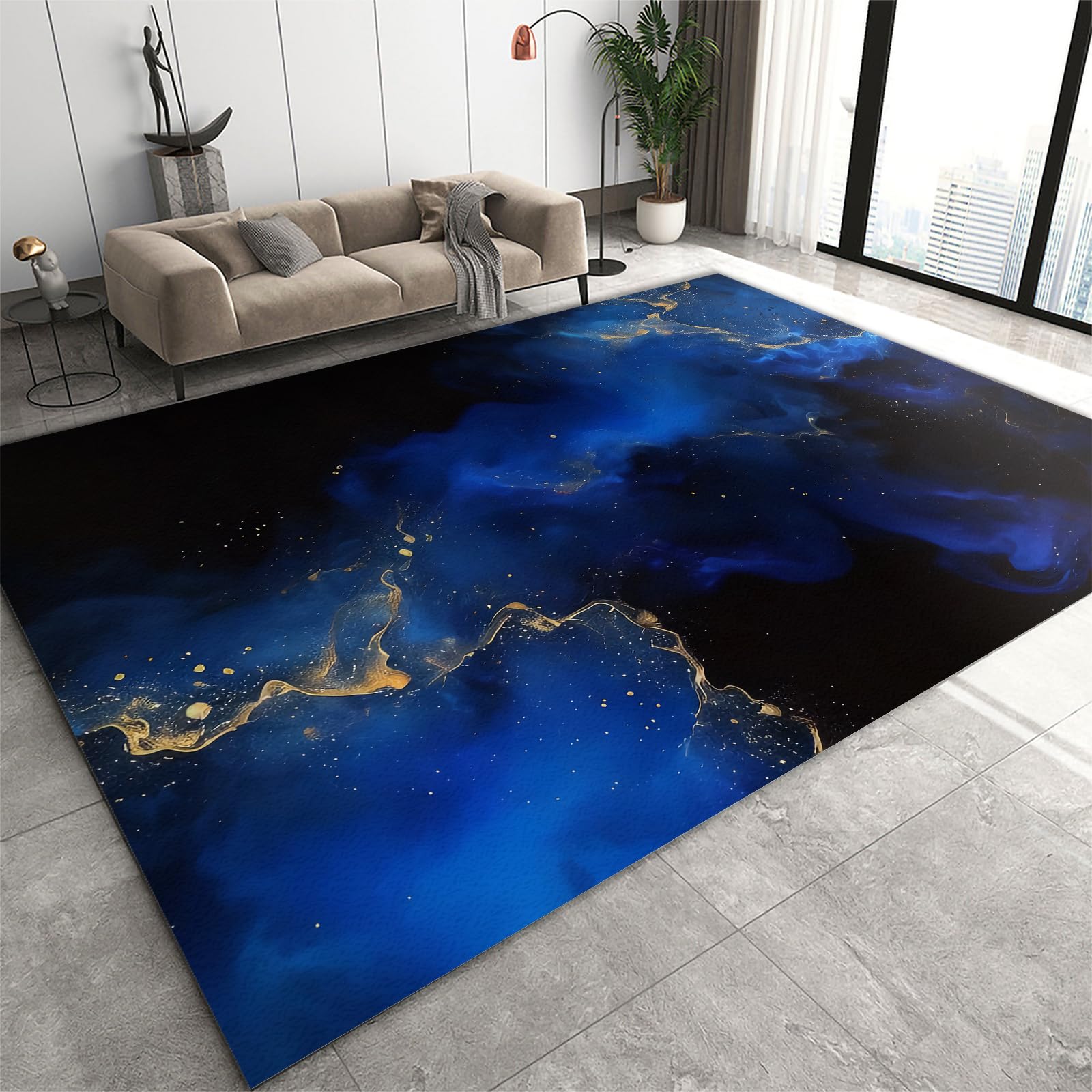 Tapis chambre bleu marine effet marbre pliable chic