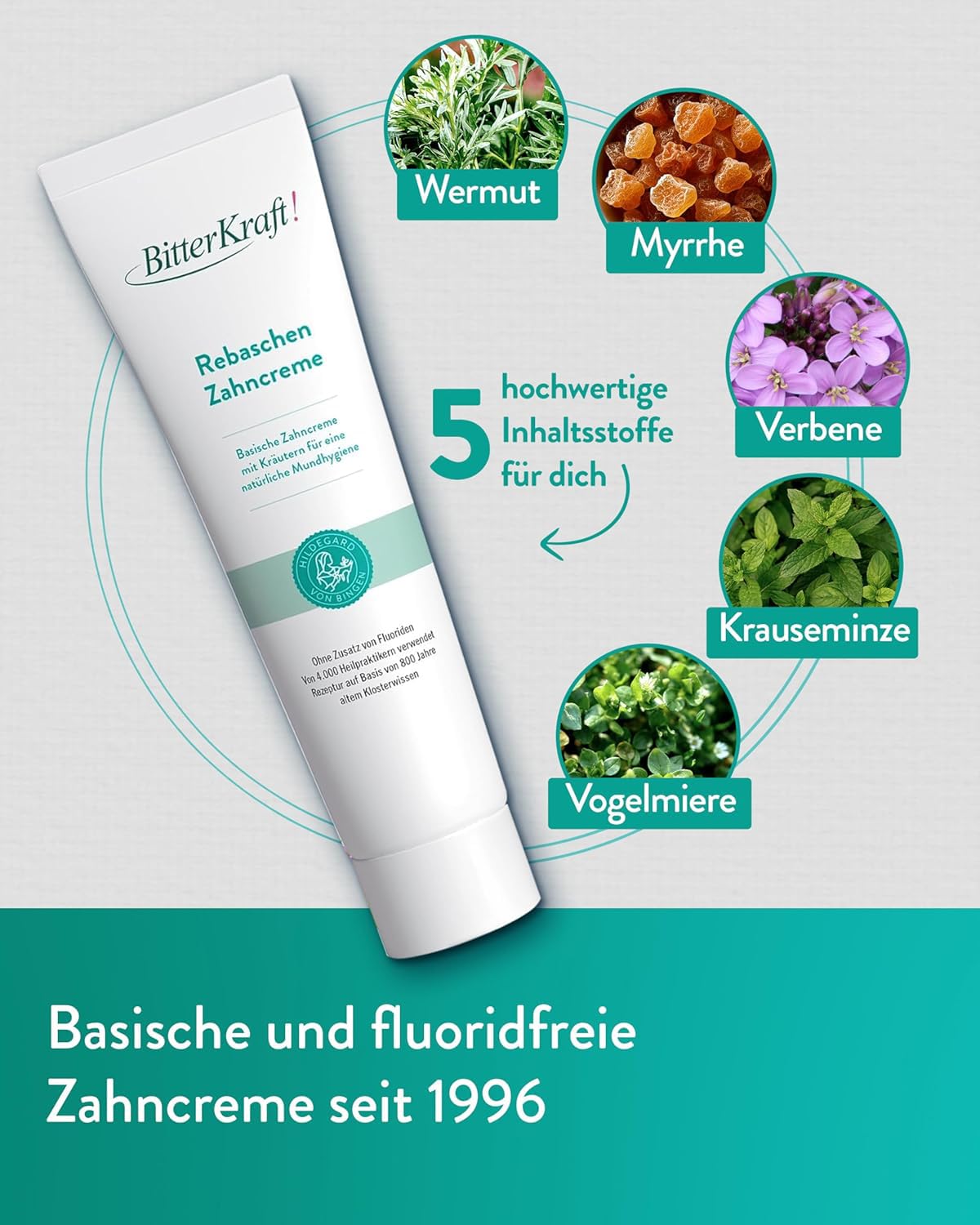 BitterKraft! Lot de 6 dentifrices de rebaschen - 75 ml - Selon Hildegard von Bingen - Soin basique aux herbes avec cendre de vigne et menthe frisée - Soin dentaire - 100 % naturel - Fabriqué en