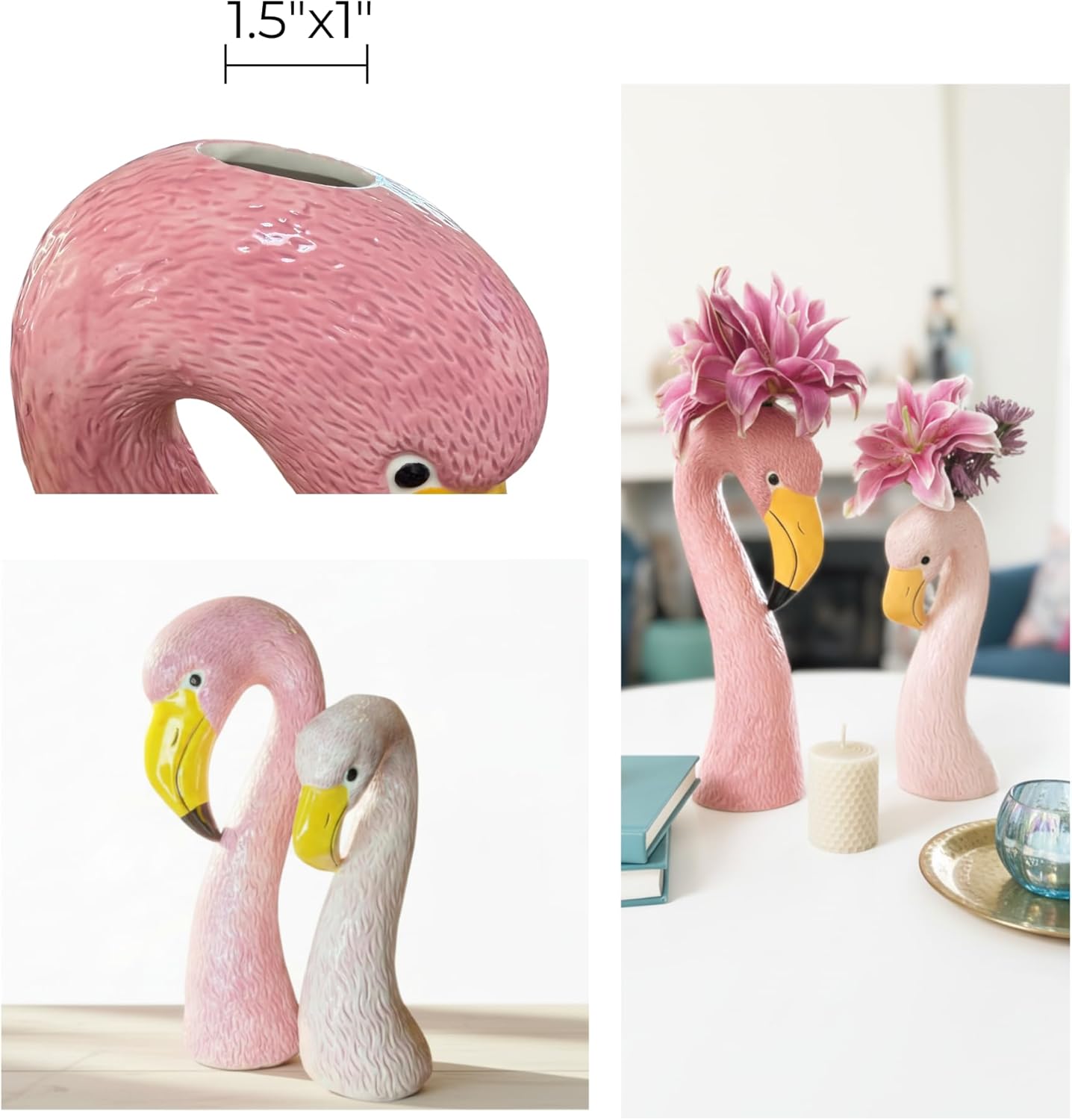 Ceramic Flamingo Vase Large - 14" Tall Pastel Pink Glossy Flamingo Head Sculpture for Flowers, Tropical-Themed Centerpiece, Maximalist Florida Decor for Bookshelves