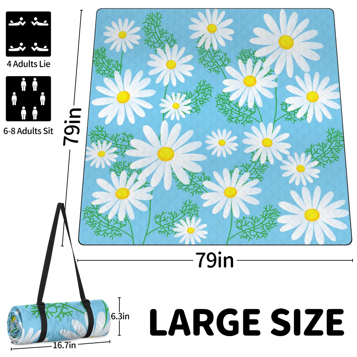 Shimoshe Extra Large Picnic Blankets 79”x 79”, Floral Flower Daisy Waterproof Foldable Picnic Mat with Straps Portable Beach Blanket for Camping Park Grass Beach Indoor (Daisy)