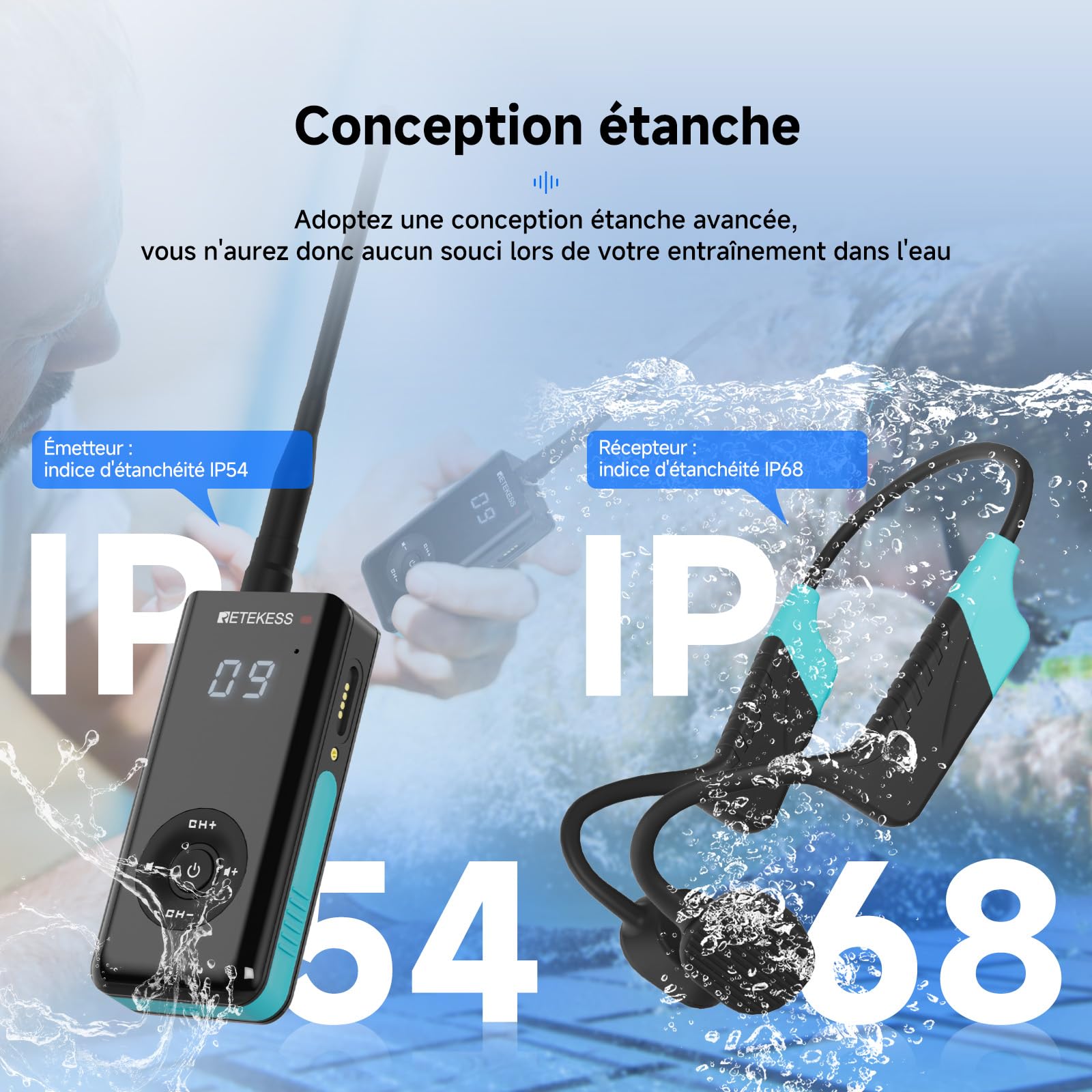 Retekess TT120 Comunicador Submarino,Auriculares de Natación de Conducción Ósea,IP68 Resistente Agua,Sistema de Comunicaciones para Entrenamiento Club de Natación,Coaching (1 Transmisor 2 Receptores)
