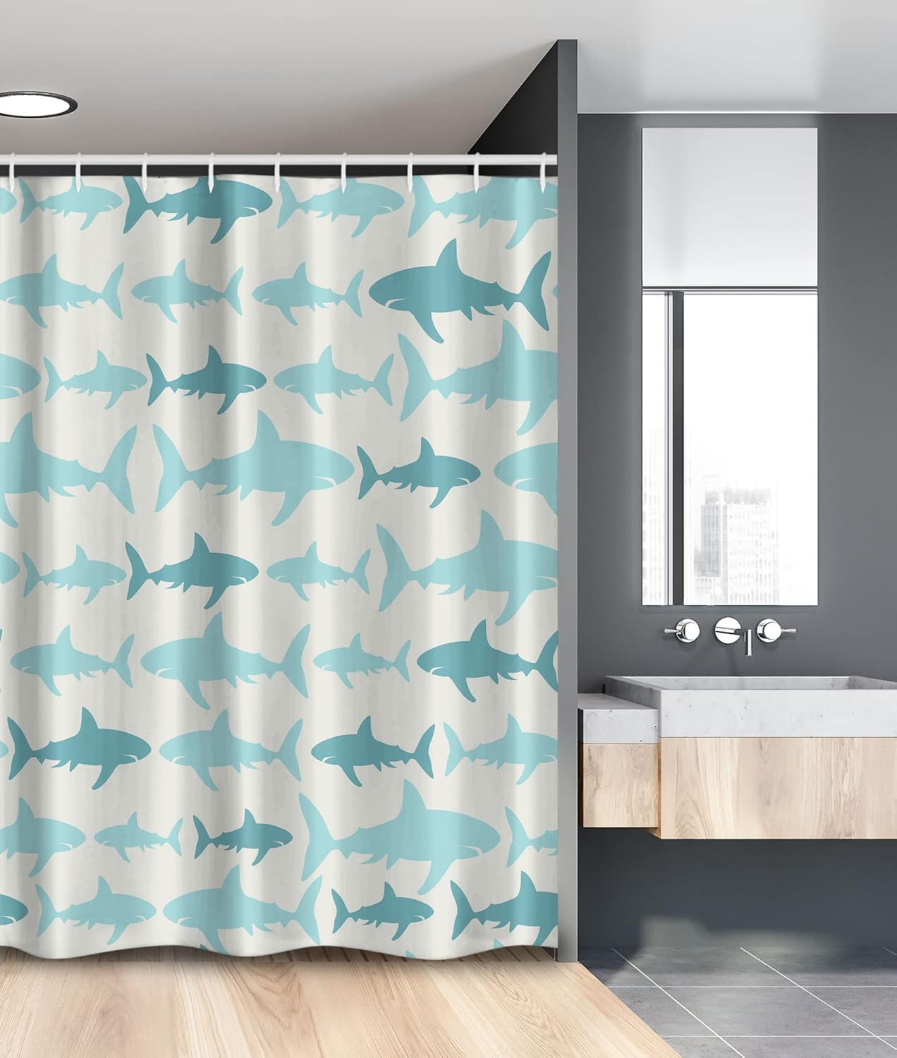 Ambesonne Sea Animals Stall Shower Curtain, Monochrome Shark Illustration Fashion Maritime Illustration Aquatics, Fabric Bathroom Decor Set with Hooks, 54" W x 78" L, White Blue
