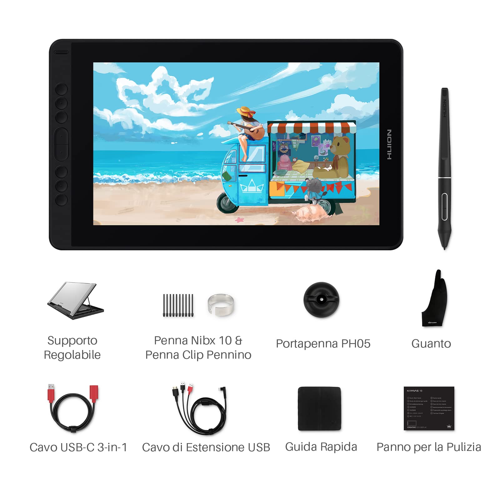 HUION Kamvas 13 Tavoletta Grafica con Schermo, Monitor Grafico da 13,3 Pollici, 120% sRGB, Penna PW517, Supporto Dispositivo Android, Ideale per Lavorare da Casa e Apprendimento Remoto