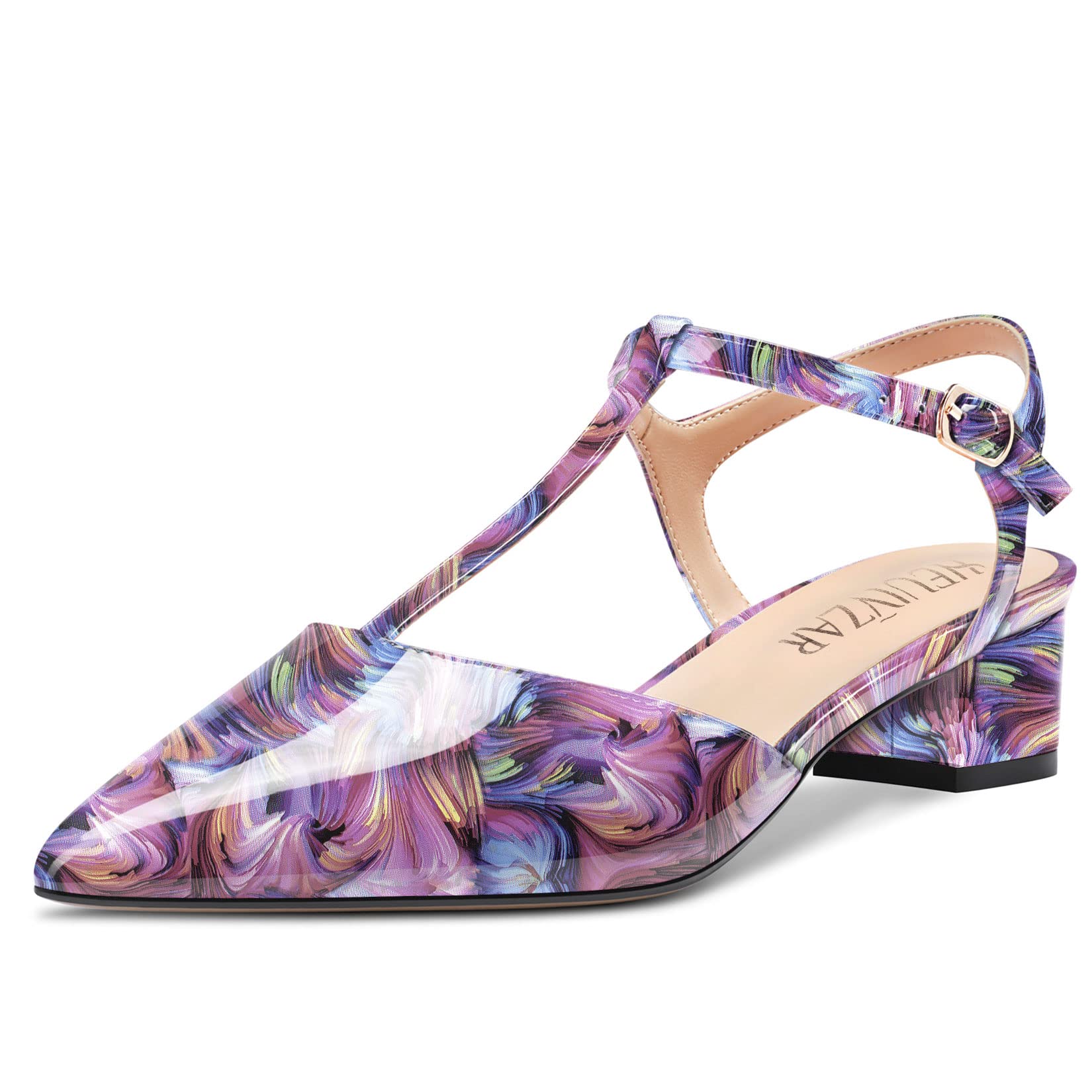 HEUIVZAR Donna T-strap a Punta Pumps Sandali Basso Blocco Chunky Tacco Heel Cinturino alla Caviglia Slingback Verniciata Dress Scarpe 3.5 CM
