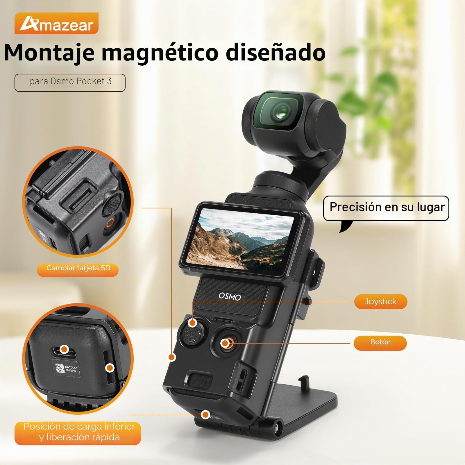 AMAZEAR Soporte de montaje magnético y cubierta protectora de lente de cardán para DJI Osmo Pocket 3, accesorios mejorados Pocket3, soporte magnético superfuerte con ventosa