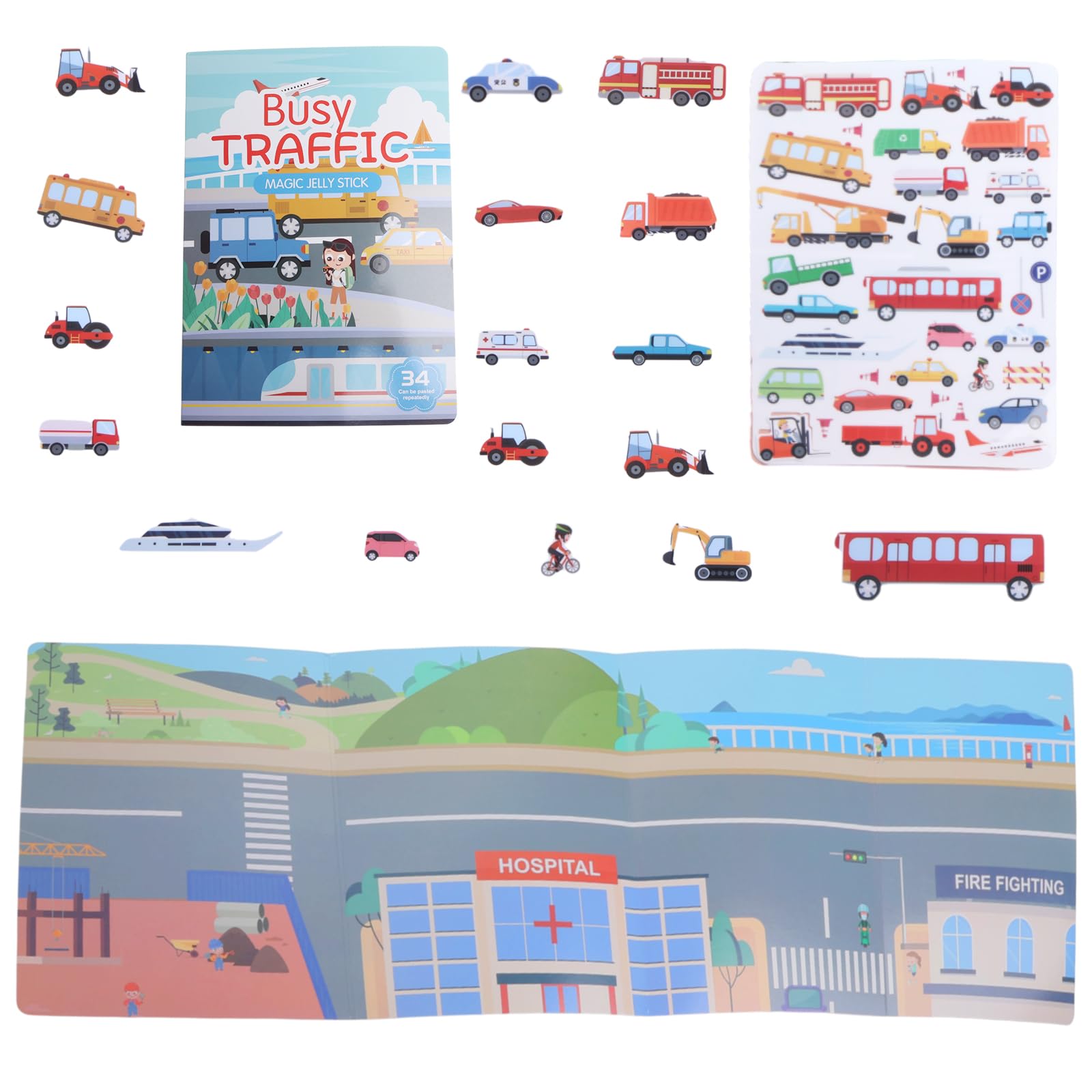 Reusable Puffy Sticker for Kids Scenes Toy, Vibrant Colorful Book Outdoor Travel Cute Vehicle Stickers, for 2 3 4 5 Year Old