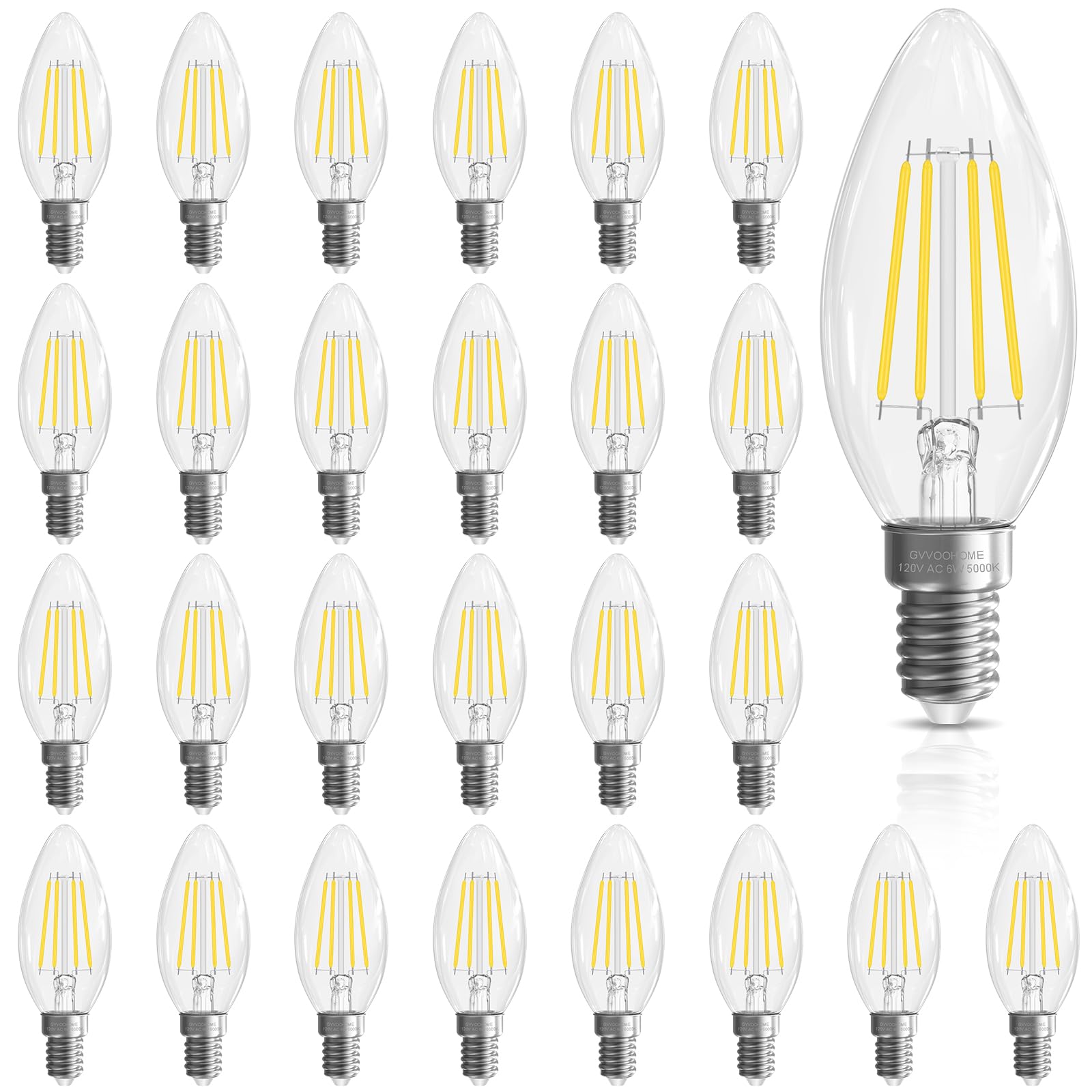 GvvooHome Candelabra Light Bulbs, 6W Equivalent to 60 watt E12 LED Bulb 5000K Daylight Non-Dimmable, LED Chandelier Light Bulb, B10 Candle Bulbs, 90+