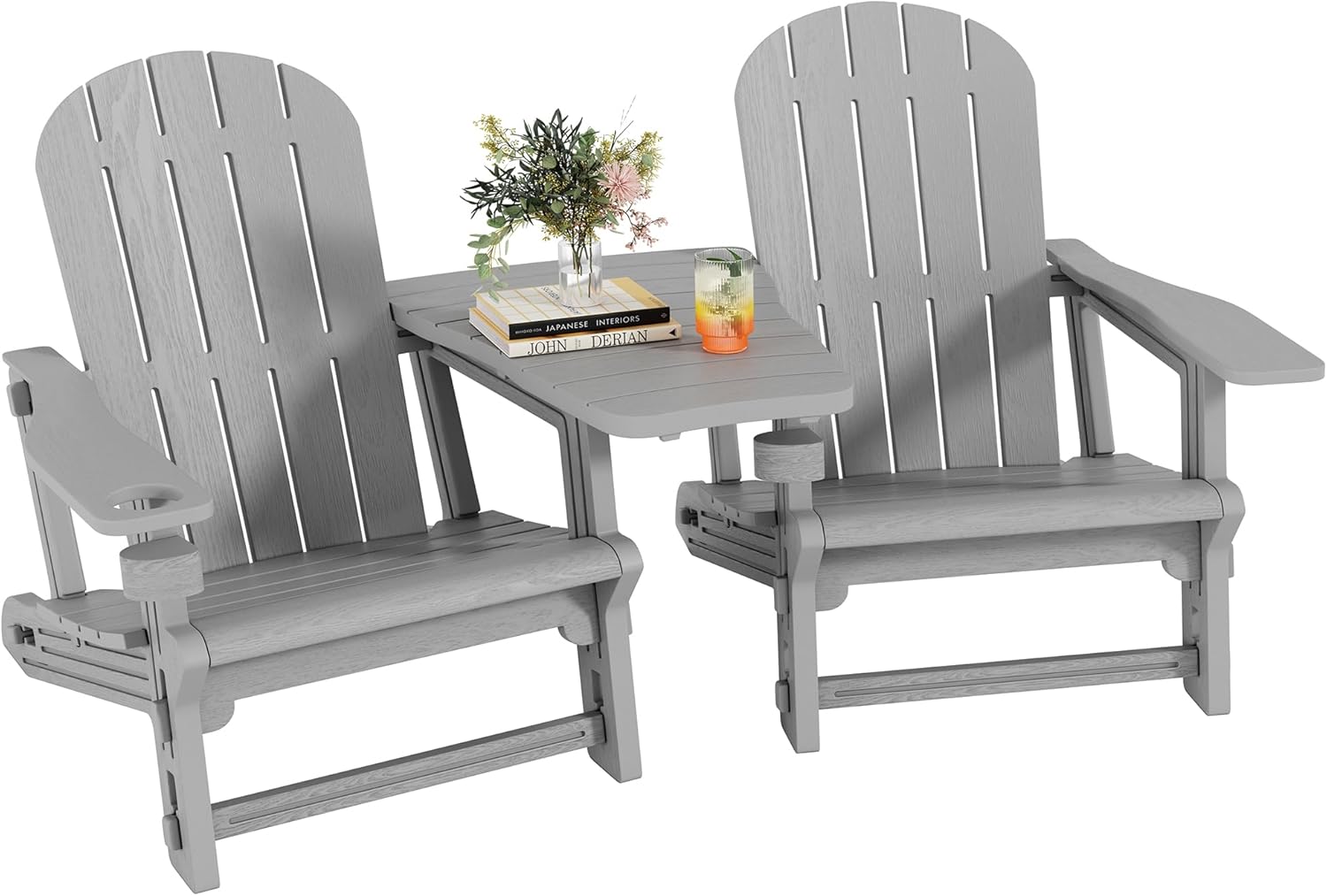 Shintenchi Adirondack Chairs Set of 2,HDPE Adirondack Chairs w/Removable Tablelop & Umbrella Hole,All-Weather Wooden Textured Plastic Outdoor Chairs w/Cup Holders for Garden Backyard Pool,Light Gray