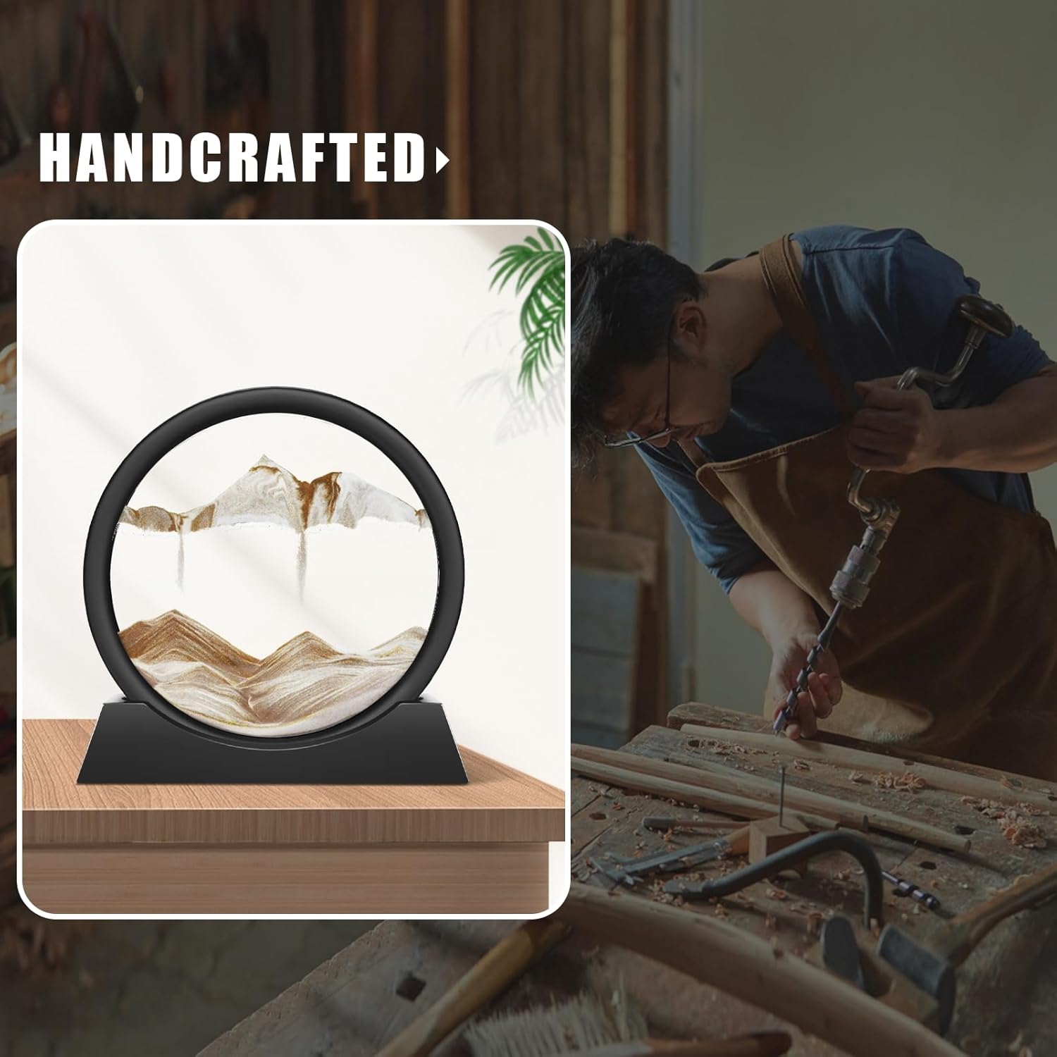 Wai Danie Moving Sand Art Picture Decor, 3D Deep Sea Sandscape Liquid Motion,Round Glass Frame Display Flowing Sand Relaxing Gift for Kids Adults Home Office Work Desktop Decoration (Coffee, 7")