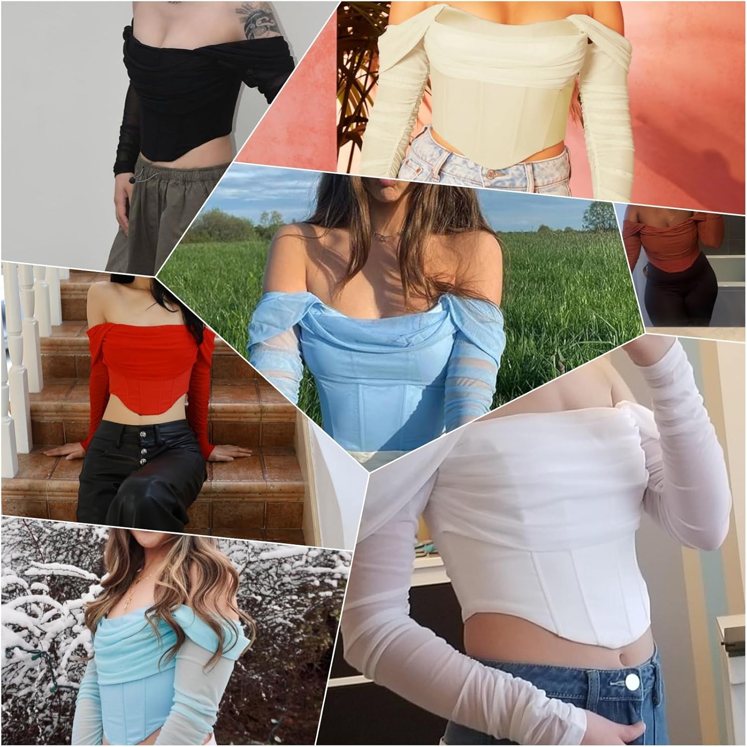 Size S/M..Corset Tops for Women Off The Shoulder Crop Long Sleeve Bustier Boned Concert Going Out Tops