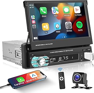 Podofo Single Din Apple Carplay Car Stereo with Bluetooth AHD Backup Camera, 7” flip Out Touch Screen Car Radio MP5 Player Support Android Auto, Mirror Link, USB, TF, FM Radio, Aux-in, SWC