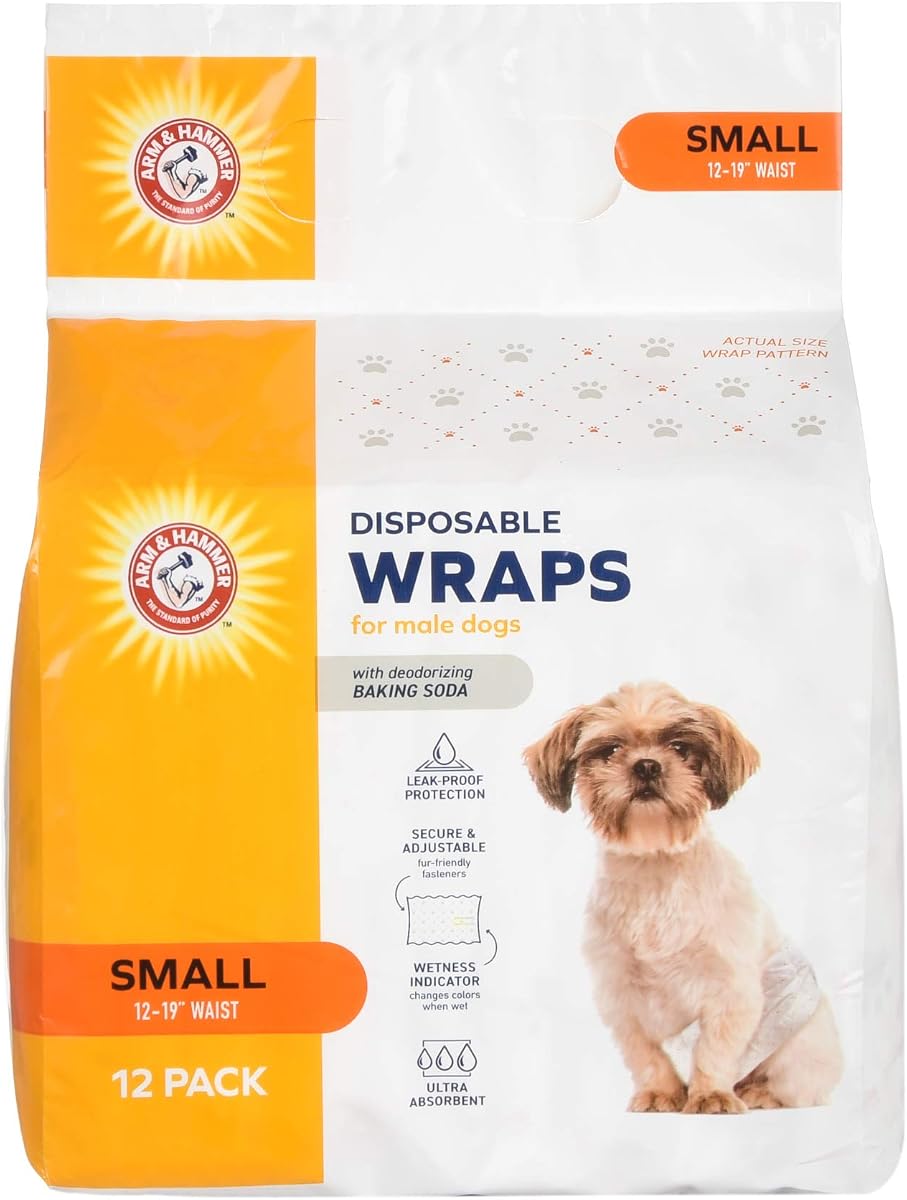 Arm & Hammer Small Male Dog Belly Band Wraps, 12 Count | Baking soda odor control, leak-resistant design, small size, fits 12-19 inch waist