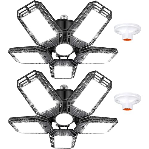 2 Pack LED Garage Lights, 160W 16000LM 6500K Deformable LED Garage Ceiling Light Shop Lights with 5 Adjustable Panels for Garage Workshop Basement Support E26/E27 Screw Socket