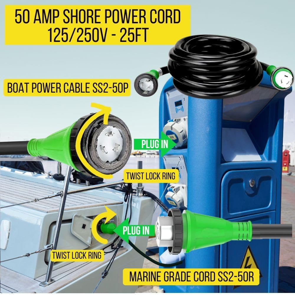 50 Amp Marine Shore Power Cord SS2-50P to SS2-50R - 50 Amp Shore Power Cord Boat Power Cable - 125/250V Marine Power Cord - 25Ft Boat Shore Power Cords - 50A 6/4 Male to Female Boat Power Cord