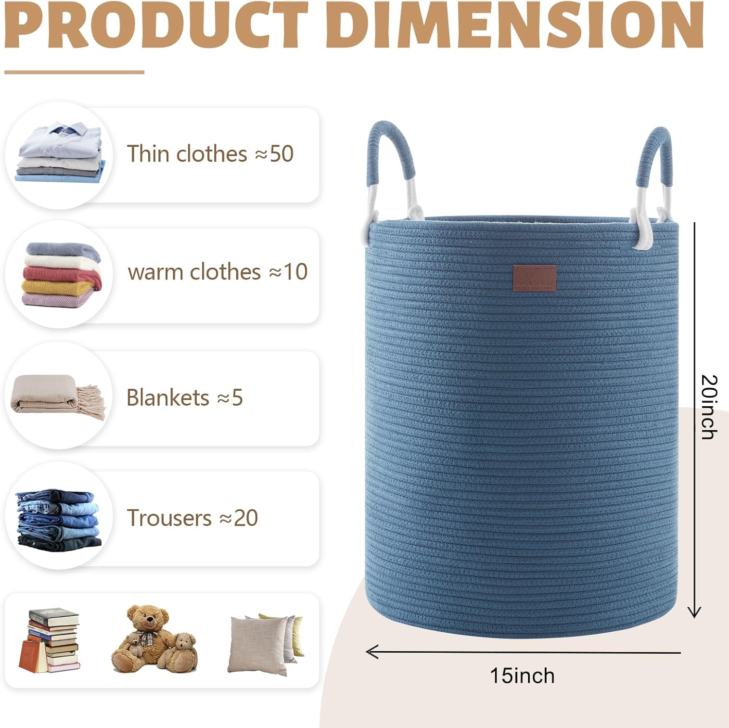 Laundry Basket, Woven Rope Laundry Hamper with Handles, Large Decorative Storage Basket for Clothes and Blankets in Living room, 15" x 20"，Dark Blue