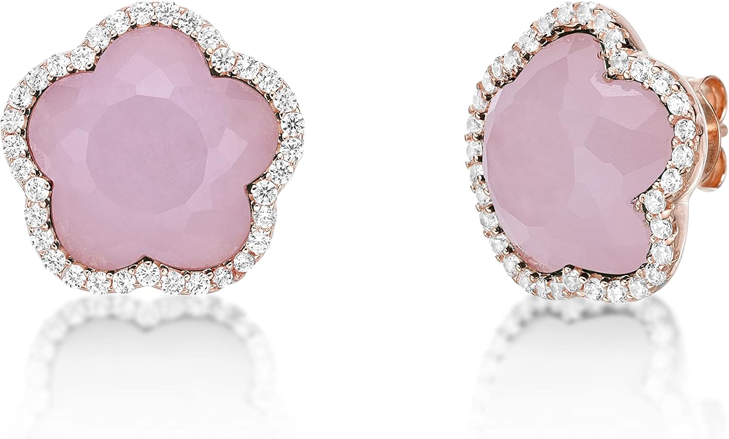Lavari Jewelers Five Petal Flower Stud Earrings for Women - Black Onyx Green Malachite Mother of Pearl or Pink Quartz & Cubic Zirconia in 925 Sterling Silver - Hypoallergenic Gold Plated - Push Back