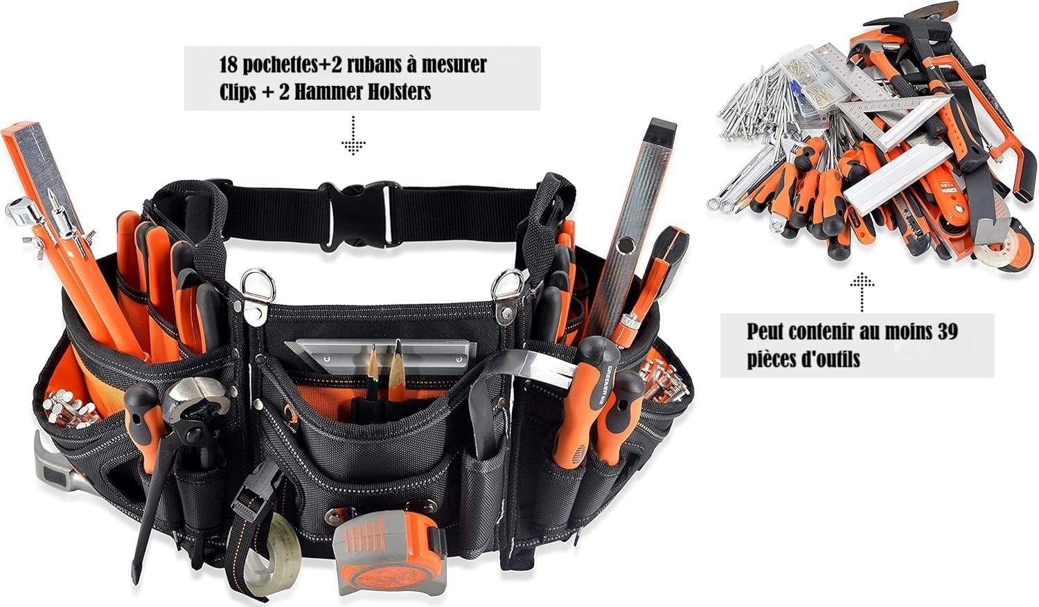 WELKINLAND Ceinture à outils de charpentier à 18 poches – Pochette à outils de construction et CVC pour charpentier