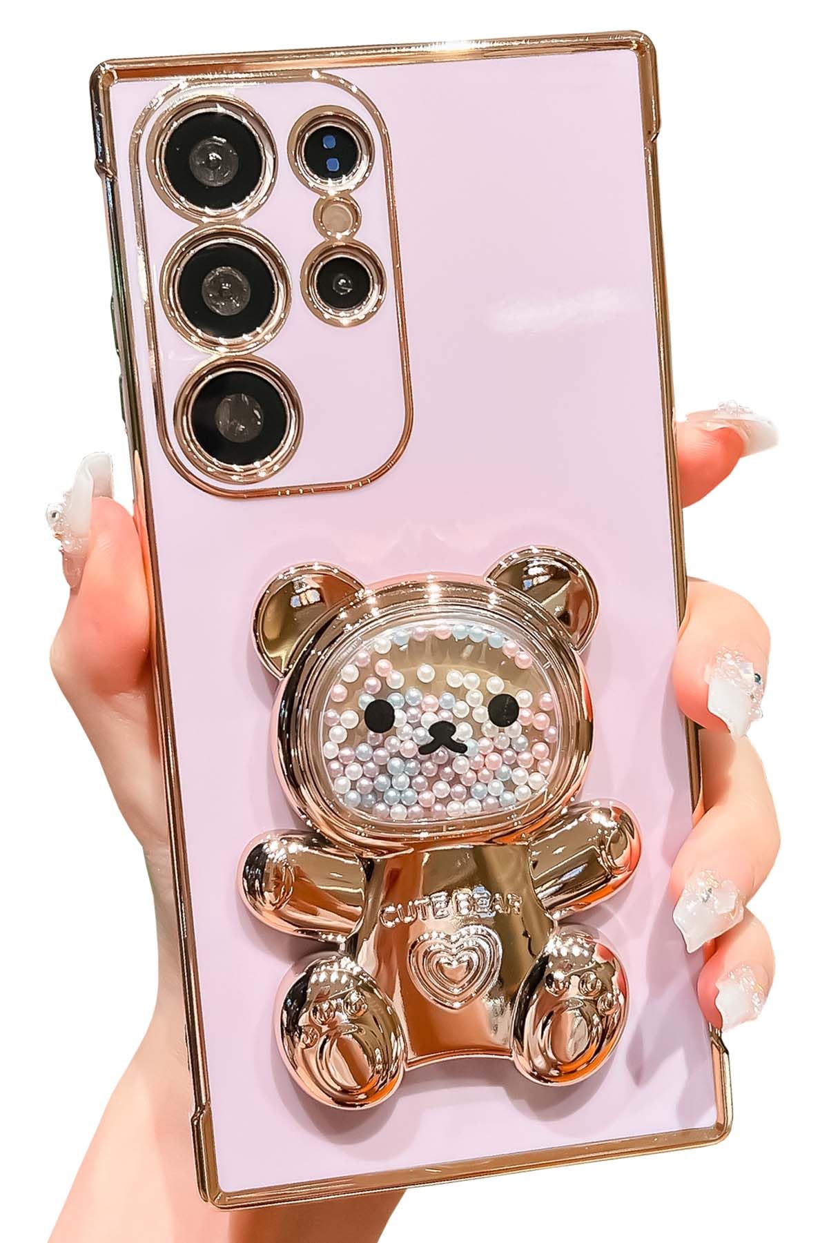 Kwhapoo Cute Compatible with Samsung Galaxy S21 Ultra 6.8 inch Stand Case,Luxury 3D Gold Color Beads Quicksand Girly Cartoon Bear Kickstand for Women,