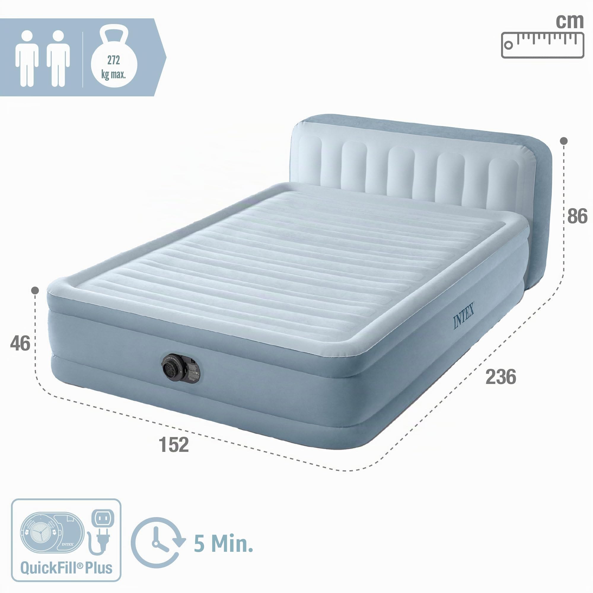 Intex 64450 Aufblasbare Matratze, Kopfteil, Plush Headboard, 152 x 236 x 46 cm, Doppelbett, für 2 Personen, Kopf 86 cm hoch, max. 272 kg, beflocktes Material, Luftmatratzen