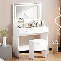 Vista 8 de IRONCK Vanity Desk with LED Lighted Mirror & Power Outlet, Makeup Vanities Table with 4 Drawers,Storage Bench,Dressing Table for Bedroom White