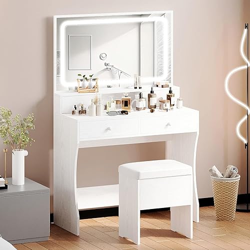 Vista 8 de IRONCK Vanity Desk with LED Lighted Mirror & Power Outlet, Makeup Vanities Table with 4 Drawers,Storage Bench,Dressing Table for Bedroom White