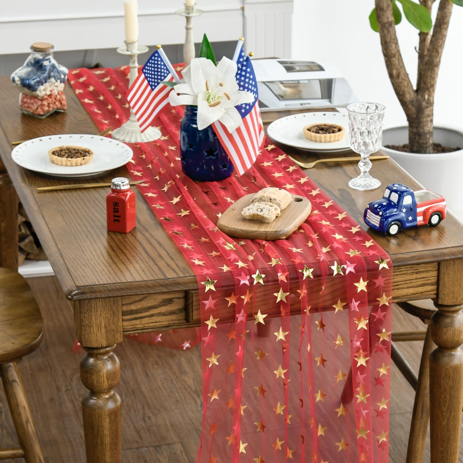 Artoid Mode Golden Stars Red Gauze Table Runner 120 Inch 10FT, 4th of July Sheer Dining Wedding Holiday Birthday Table Decor for Home Party