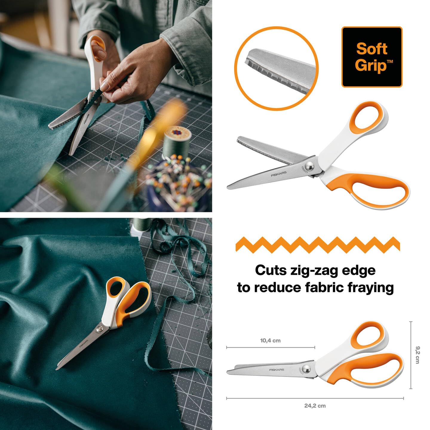 Fiskars Forbici a Zig Zag, lunghezza: 24,2 cm, per destrimani, lama in acciaio inox/manici in plastica, Bianco/Arancio, SoftGrip, 1070024