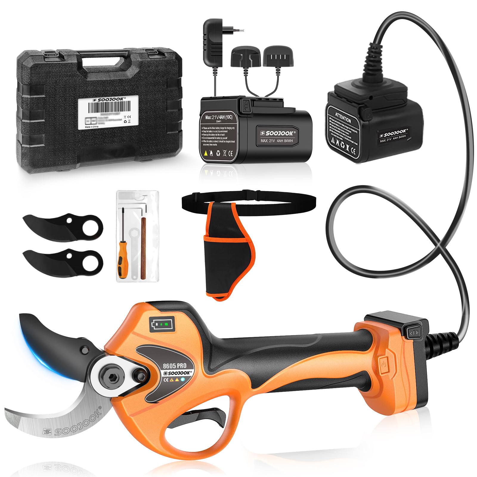 Tijeras de Podar Electricas 40mm - 8605PRO Podadoras Profesionales a Batería, 2x 21V 4A 1050W Podadoras Eléctricas Progresivas a Batería para Ramas de Jardín, Viñedos, Olivos