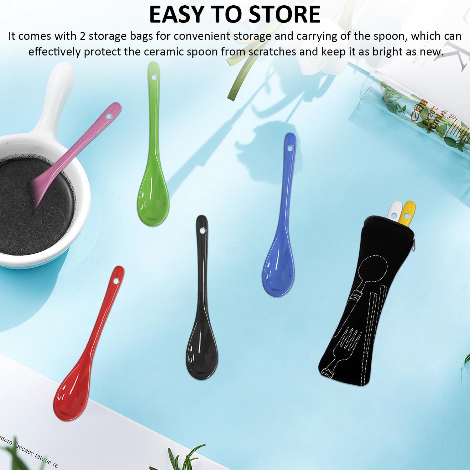 Set 7 Cucchiai In Ceramica Colorati - Con Sacchetti Per Riporre, Per Caffè E Dessert