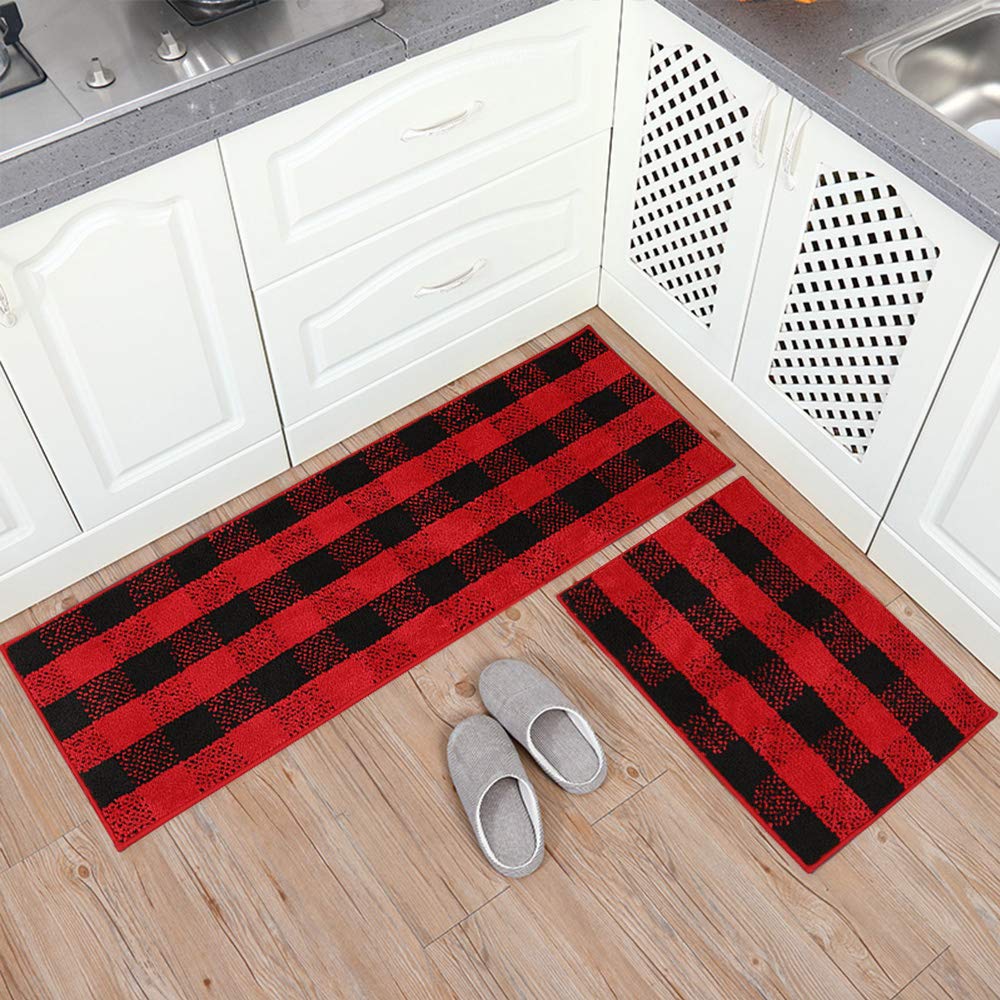 Carvapet 2 Pieces Buffalo Plaid Check Rug Set – Water Absorbent Microfiber Non Slip Kitchen Rug Bathroom Mat Checkered Doormat Carpet for Laundry, 20"