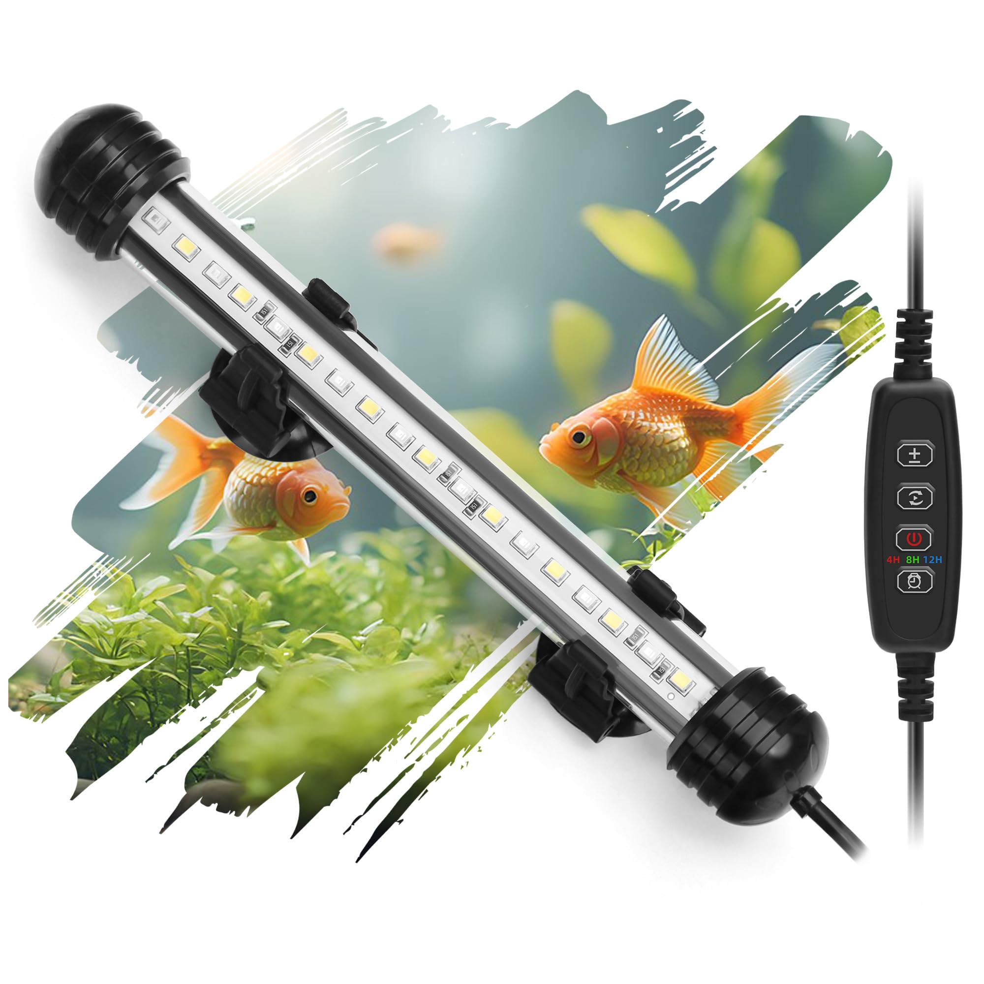 LED Submersible Aquarium Light 4W Underwater Fish Tank Light with Blue White&Blue and White Three Light Modes Timer Automatic On/Off and Dimmer Brightness Adjustable (7.5inch)