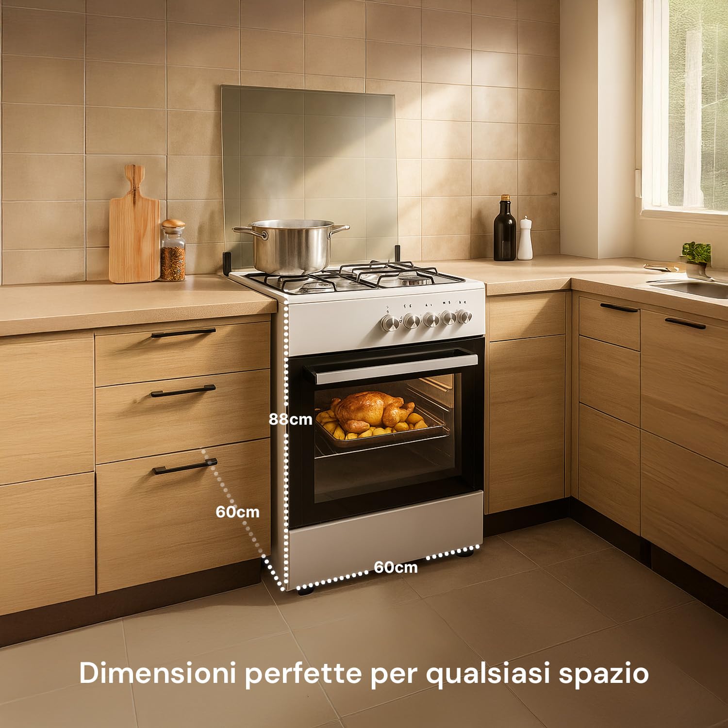 Forno a Gas con Forno Elettrico Integrato 4 Fuochi 51-55L 1100W 60x60x60cm Bianco