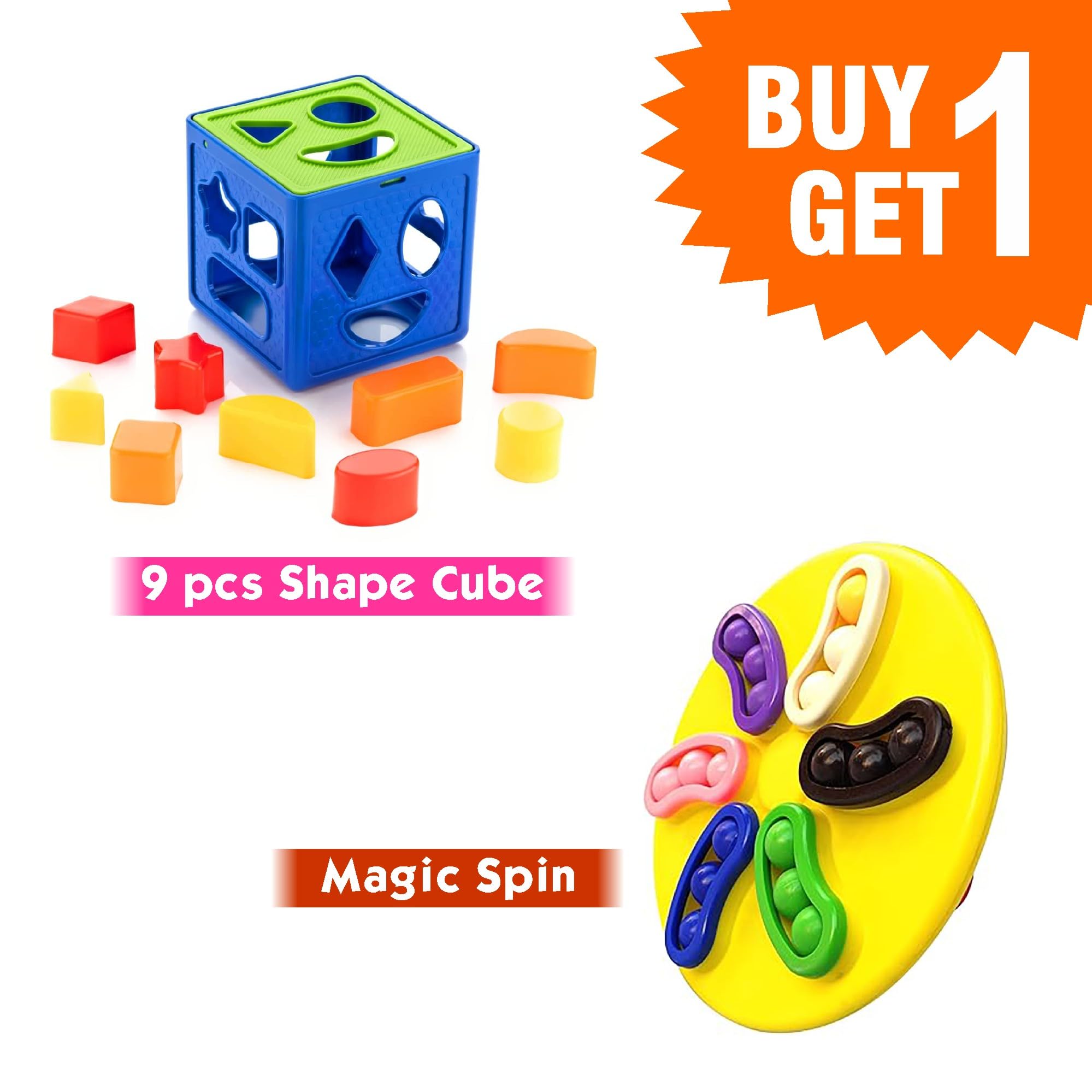 RAINBOW RIDERS Buy 1 Get 1 Combo (Plastic Shape Sorter Cube Block 9 Pcs Toy + Magic Spin Plastic Blocks Puzzle Games Toys) Multicolor Baby Activity Toys for Boys Girls 3,4,5,6+ Years 2