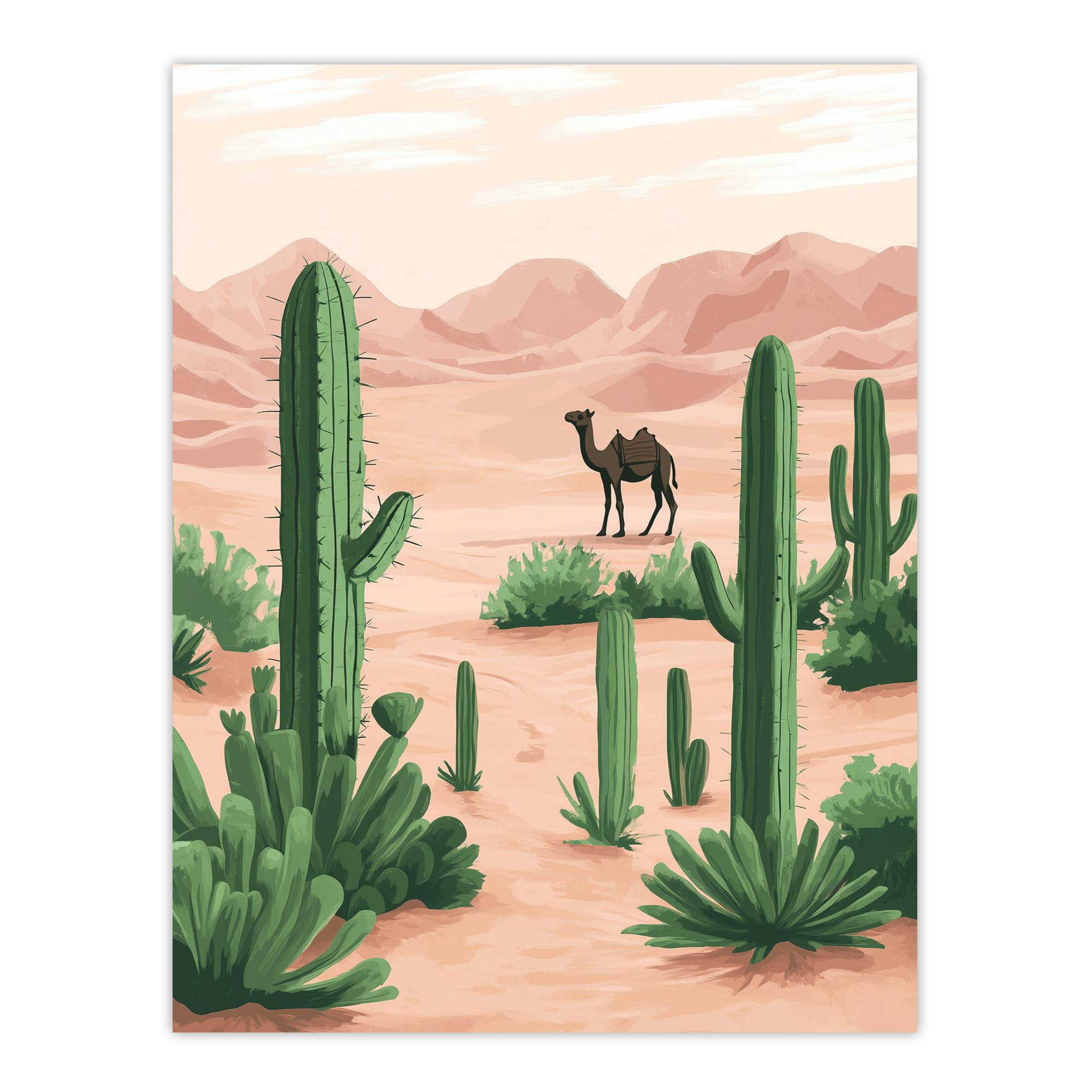 Camel in Pastel Pink Desert Sand Dunes and Cacti Wall Art Poster Print