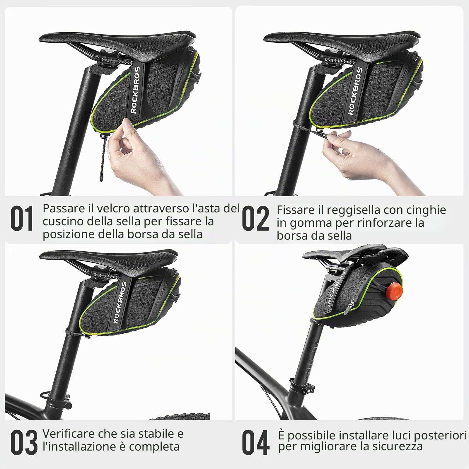 ROCKBROS Borsa da Sella Bici, Borsa Sottosella per MTB Bicicletta, Design Originale con Luci Fluorescenti, Grande Capacità 1L, Accessori Bici