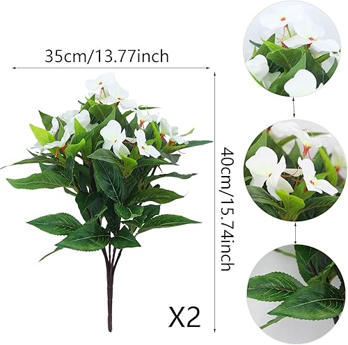 Miniatura 2 de 2 piezas de flores artificiales de impatiens para exteriores, arbustos de impatiens sintéticos, flores de seda blanca, ramo de impatiens