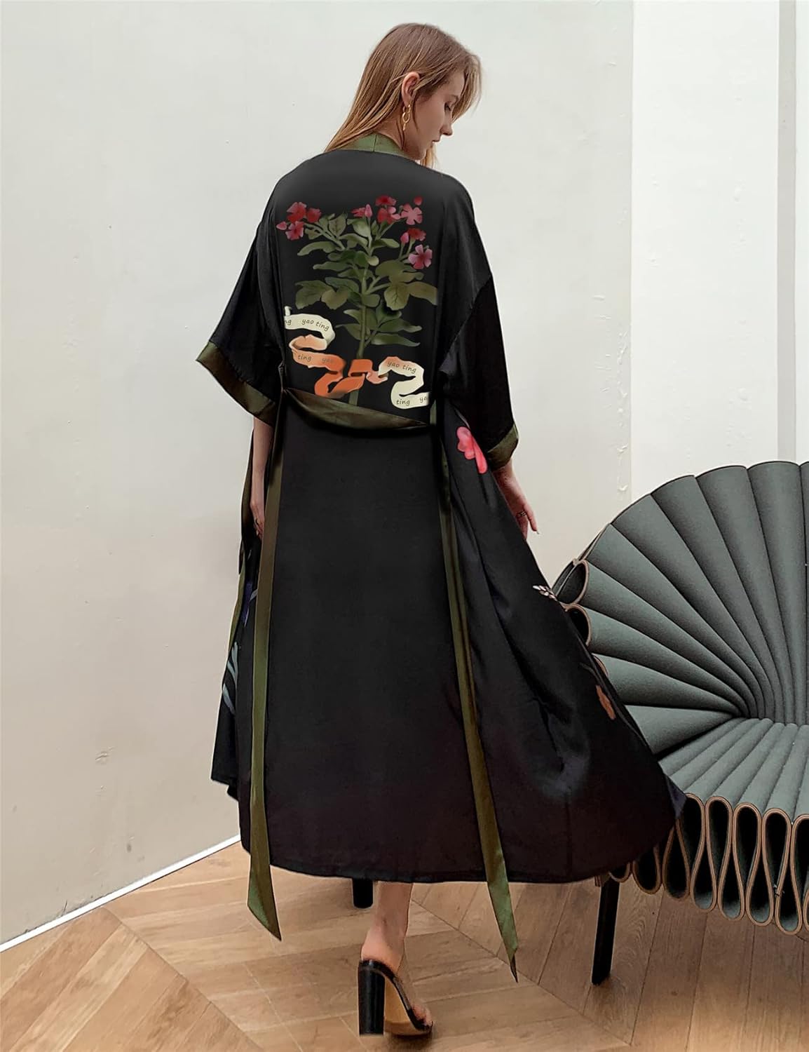 Horezsie Women's Long Silk Robes Long Satin Robes Long Kimono Robes Floral Silky Bathrobes Dressing Gown, One Size - Image 6