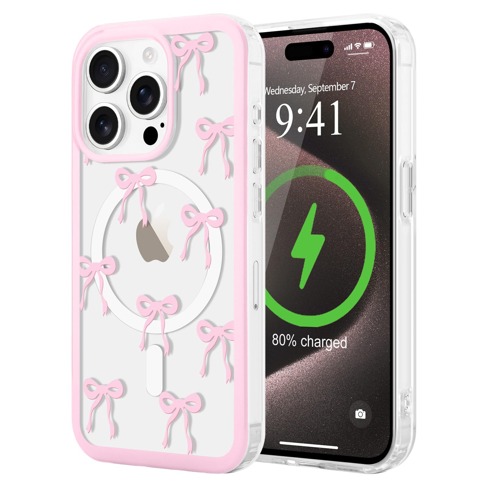 LCHULLE Magnetic for iPhone 15 Pro Max Case Cute Pink Bows [Compatible with Magsafe] Clear Ribbon Bowknot Pattern for Women Girls Hard Back Cover