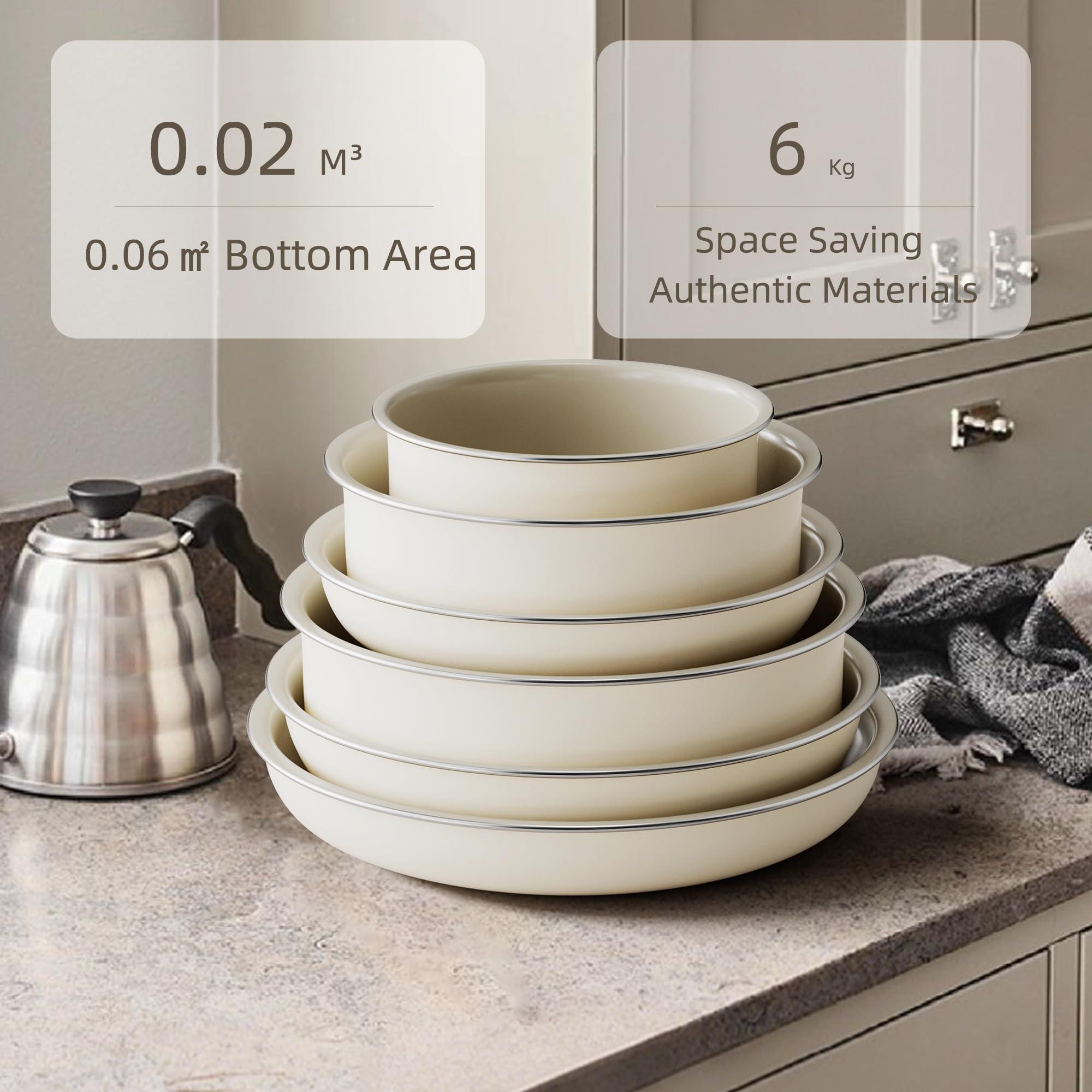 RIOVARM Induzione Set di pentole e padelle con manici staccabili, Impilabile Antiaderente Ceramica Set di pentole con coperchi, Salvaspazio Set di utensili da cucina Senza PFOA, Padella, Casseruole