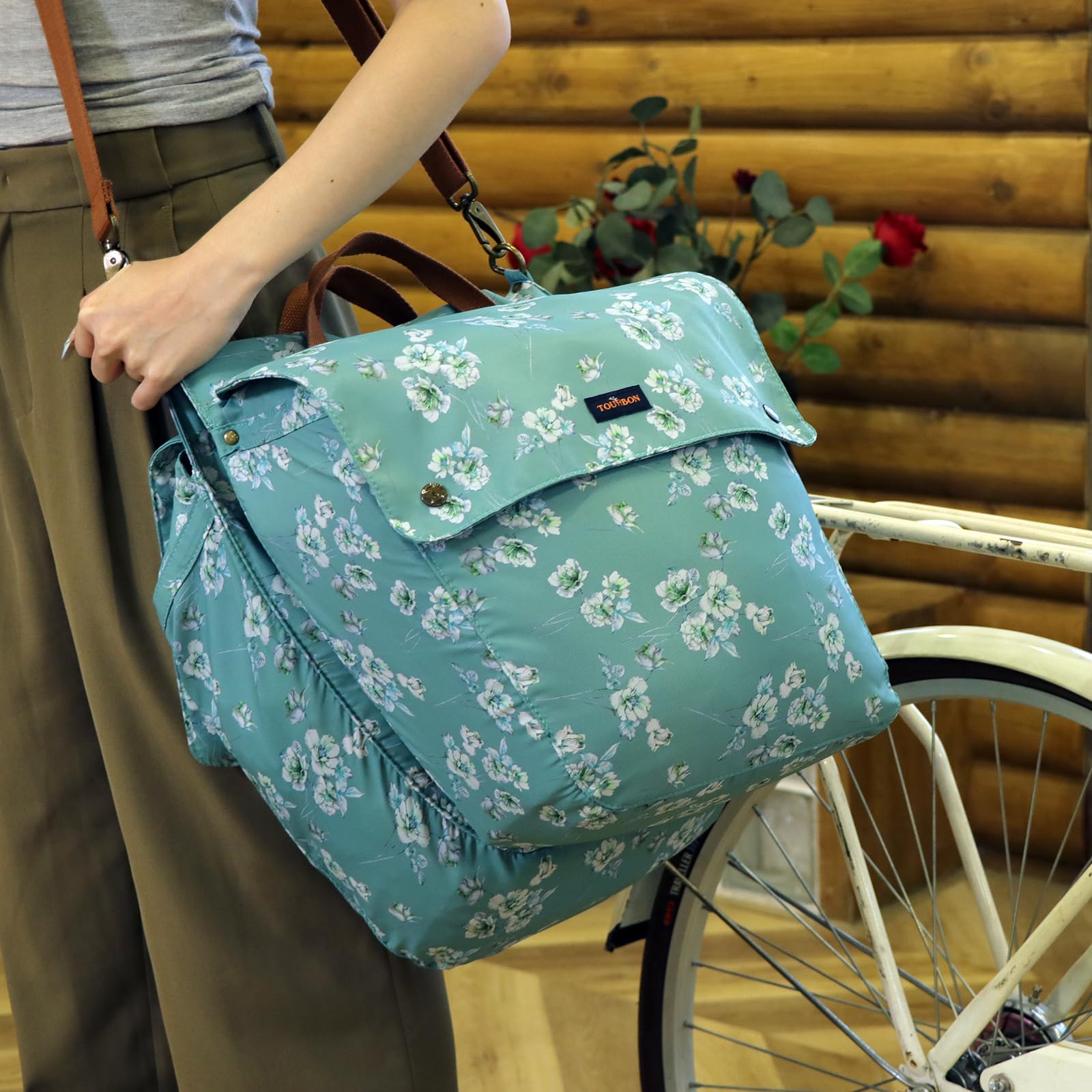 TOURBON - Borsa impermeabile in tela per bicicletta, con doppio avvolgimento, per sedile posteriore (motivo floreale)