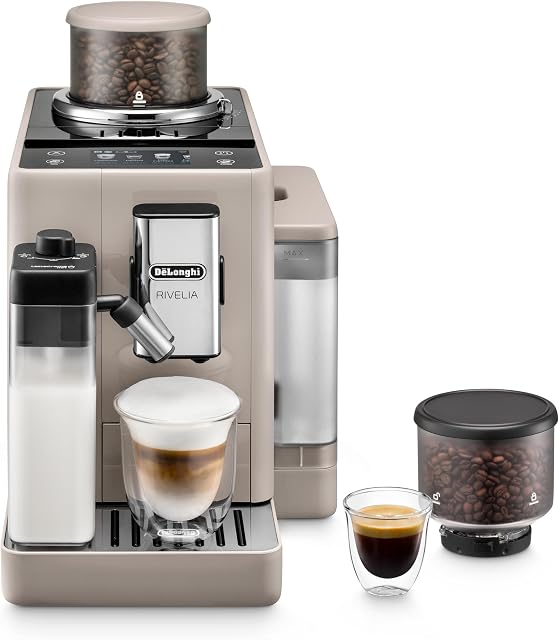 De'Longhi Rivelia Machine Espresso automatique, Grinder intégré, Deux Hoppers de haricots amovibles, Frère de lait automatique pour les lattes chaudes et glacées, Café, et plus encore, Sand Beige