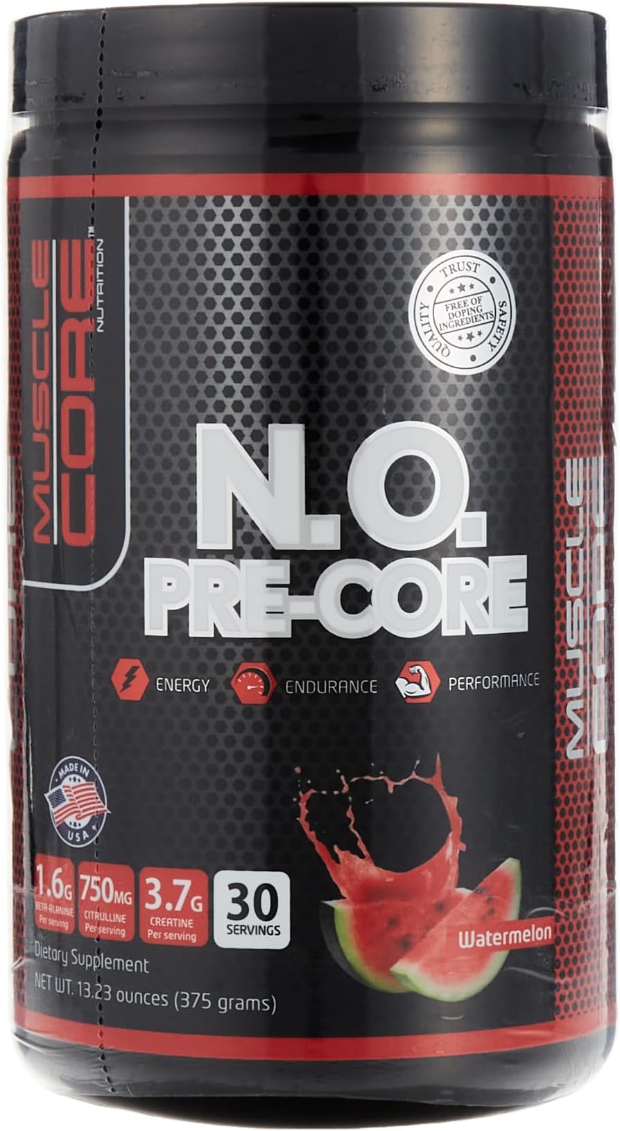 Muscle Core Nutrition N.O Pre-Core Energy & Endurance Performance | Watermelon Flavor | 30 Servings | 375g | 7g BCAAs, 1g Citrulline, 2.5g Glutamine